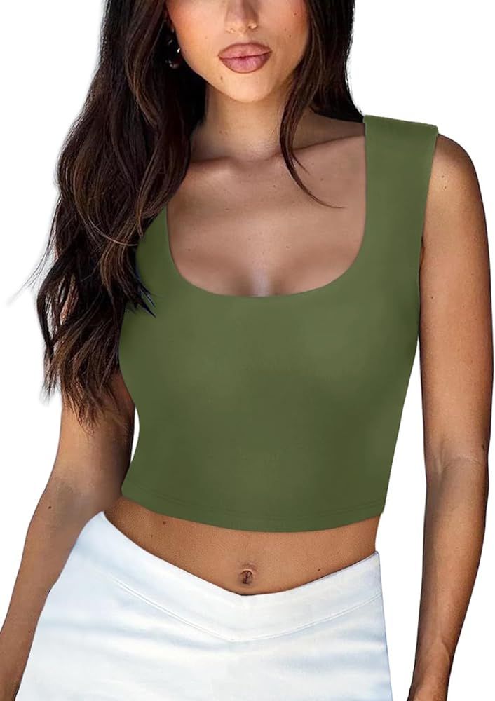 REORIA Women's Summer Sexy Square Neck Sleeveless Double Lined Going Out Crop Tank Tops | Amazon (US)
