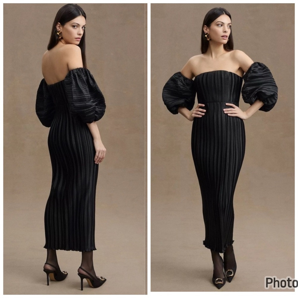 L'Idee Sirene Plisse Puff\u200e Sleeve Maxi Dress Pleated Size 8 Black | Poshmark