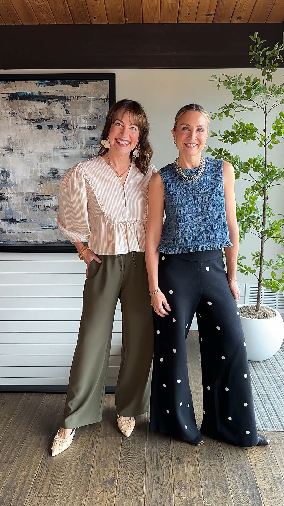 We were so excited to be invited to a  bridal shower, but due to my recent knee surgery and our cold temperatures, we decided styling fun, flowy wide leg pants was the move! I love this drawstring olive pair, and Julie’s knit polka dot pants are so stylish! We dressed up our pants with statement tops and elevated jackets. We had so much fun, and our outfits were so comfortable! We could’ve easily worn dresses or skirts, but sometimes you have to go with how you’re feeling on the day! 


Splendid, Gap, Tuckerneck, Aritzia, wide leg pants, polka dot pants, peplum blouse, denim top, bomber jacket, faux fur jacket 

#LTKootd #LTKWorkwear #LTKOver40