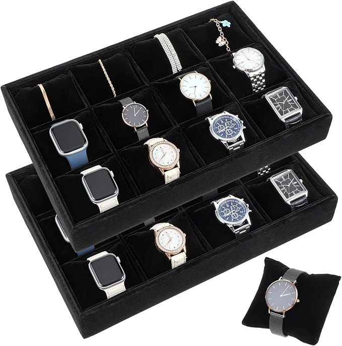 2 Pcs Velvet Watch Tray Jewelry Organizer, 12 Grid Stackable Velvet Watch Tray, Watch Display Vel... | Amazon (US)