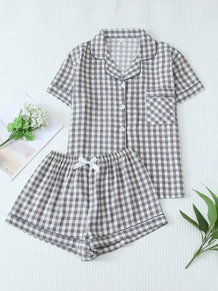 2pcs Women's Plaid Print Pajamas Set, Short Sleeve Button-Down Shirt And Shorts, Summer Casual Sleepwear, Two Pieces Set | SHEIN