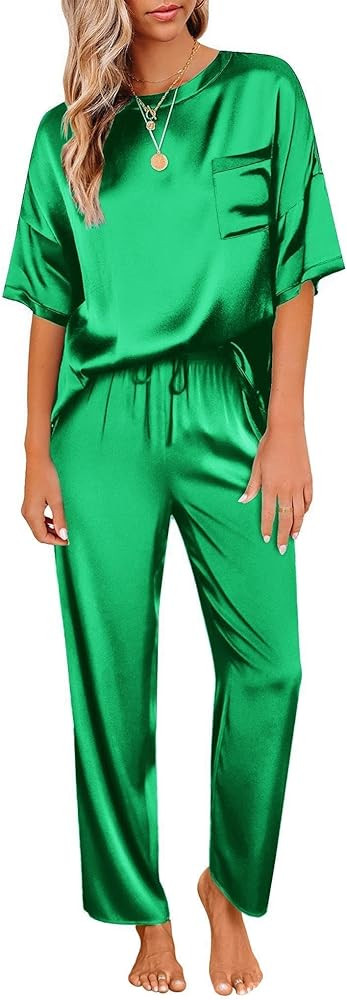 Ekouaer Womens Satin Silky Pajama Set Short Sleeve Shirt with Long Pajama Pant Set Soft PJ Lounge... | Amazon (US)