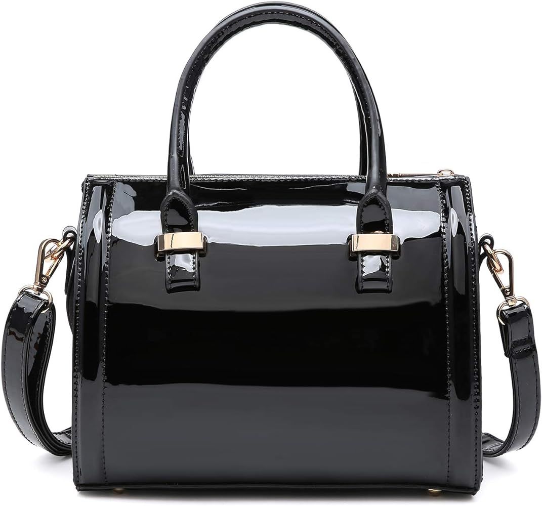 Shiny Patent Faux Leather Handbags Barrel Top Handle Purse Satchel Bag Shoulder Bag for Women | Amazon (US)