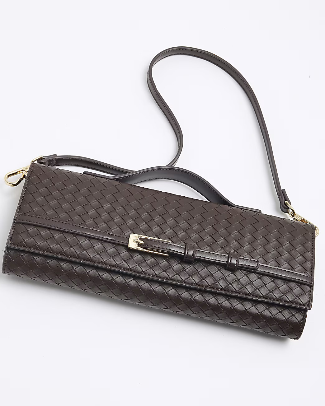 Brown Woven Buckle Crossbody Strap Clutch Bag | River Island UK & IE