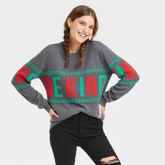 Women's Be Kind Holiday Graphic Pullover Sweater - Charcoal Gray | Target