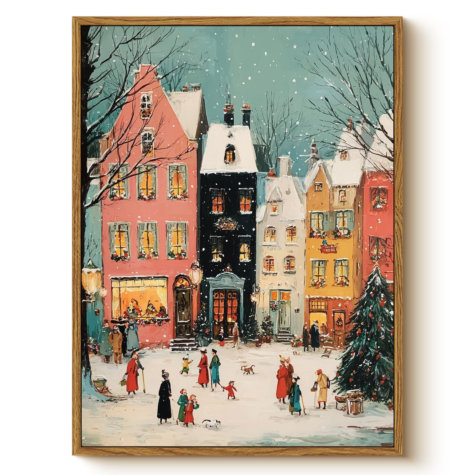 Vintage Framed Christmas Town Wall Art 12x16 Inch, Winter Holiday Village Canvas Print with Snow ... | Amazon (US)