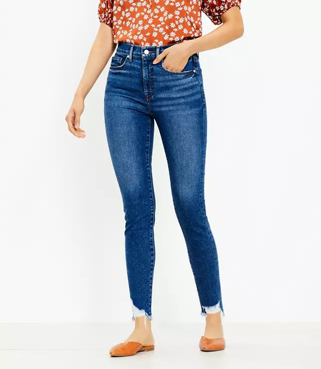Tall Chewed Hem High Rise Skinny Jeans in Original Mid Indigo Wash | LOFT