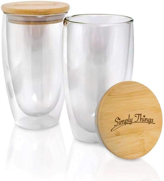 Simply Things Double Wall Insulated Borosilicate Glass Mugs with Bamboo lid, Set of 2… (20 ounc... | Amazon (US)