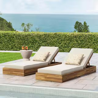 Ian Teak Brown 2-Piece Wood Outdoor Chaise Lounge with Cream Cushions | The Home Depot