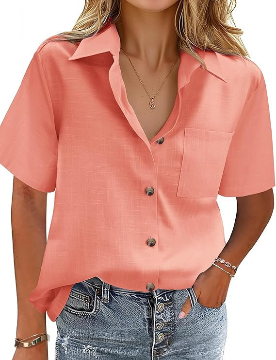 HOTOUCH Cotton Linen Button Down Shirt for Women V Neck Collared Blouse Casual Short Sleeve Tops ... | Amazon (US)