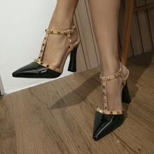 Women Studded Decor Ankle Strap Pumps, Point Toe Sculptural Heeled Punk Pumps Black | SHEIN