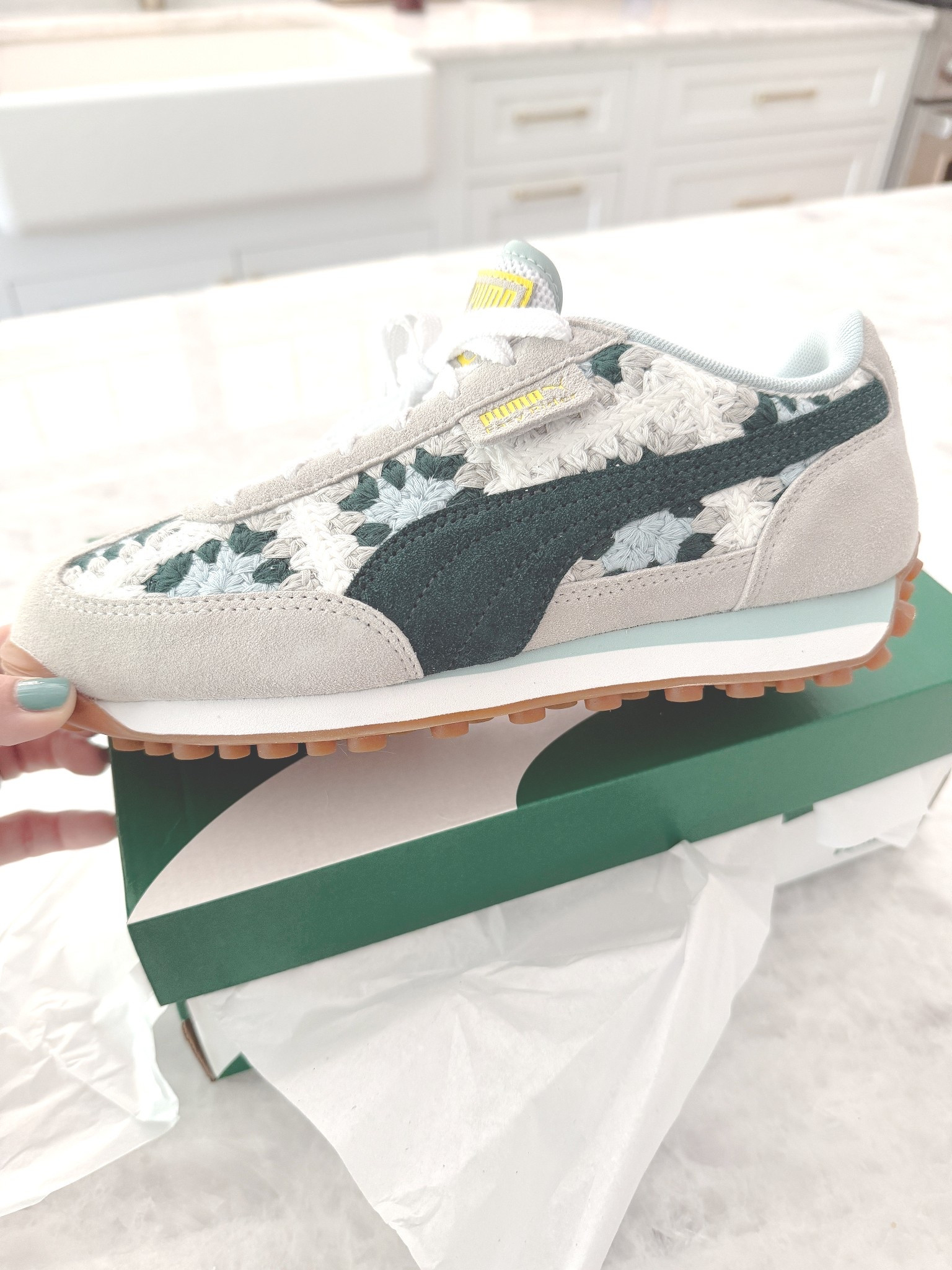 Crocheted Puma Casual Kicks.
Kinda grandma chic. Love them!

#LTKShoeCrush #LTKFindsUnder100