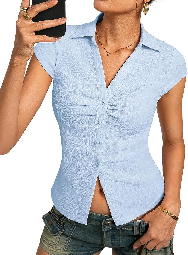 Kate Kasin Women Button Down Blouse, V-Neck Ruched Tops with Y2K Collar, Slim Fit Cap Sleeve Busi... | Amazon (US)