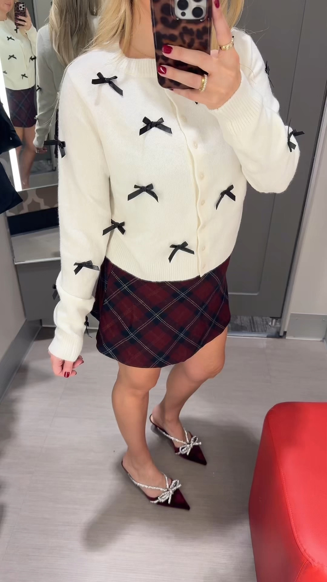 Target Christmas outfit 
Bow cardigan small
Plaid skirt small
Heels tts

#LTKootd #LTKHoliday #LTKFindsUnder100