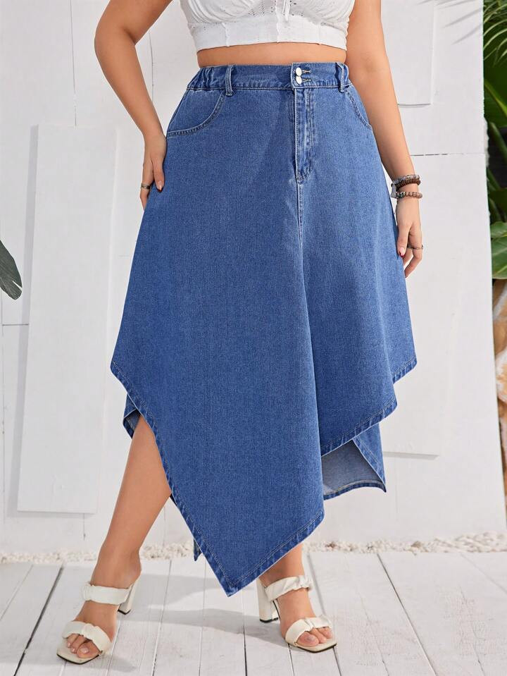 SHEIN VCAY Plus Size Women's Asymmetrical Hem Denim Skirt | SHEIN