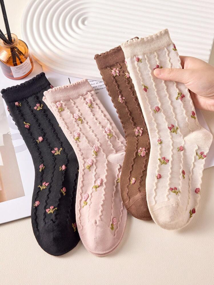 3 Pairs Of Women's Mid-Calf Socks With Flower Patterns, Ditsy Floral Women Socks & Hosiery,Vintage Crew Socks For All Seasons,Black Socks,White Socks,Pink Socks,Brown Socks,Random Colors | SHEIN