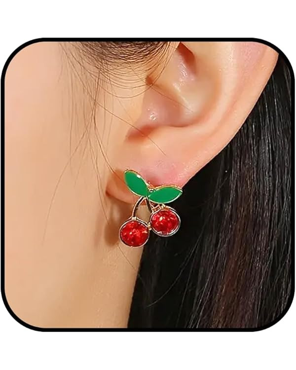 Cherry Stud Earrings for Women Red Cherry Pearl Earrings Small Cherry Green Leaf Stud Earrings Cu... | Amazon (US)
