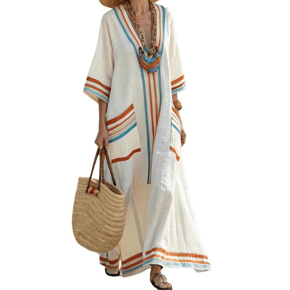 Cotton Linen Kaftan Dresses for Women Boho Casual Loose Long Dress Womens Summer V Neck Caftan wi... | Amazon (US)
