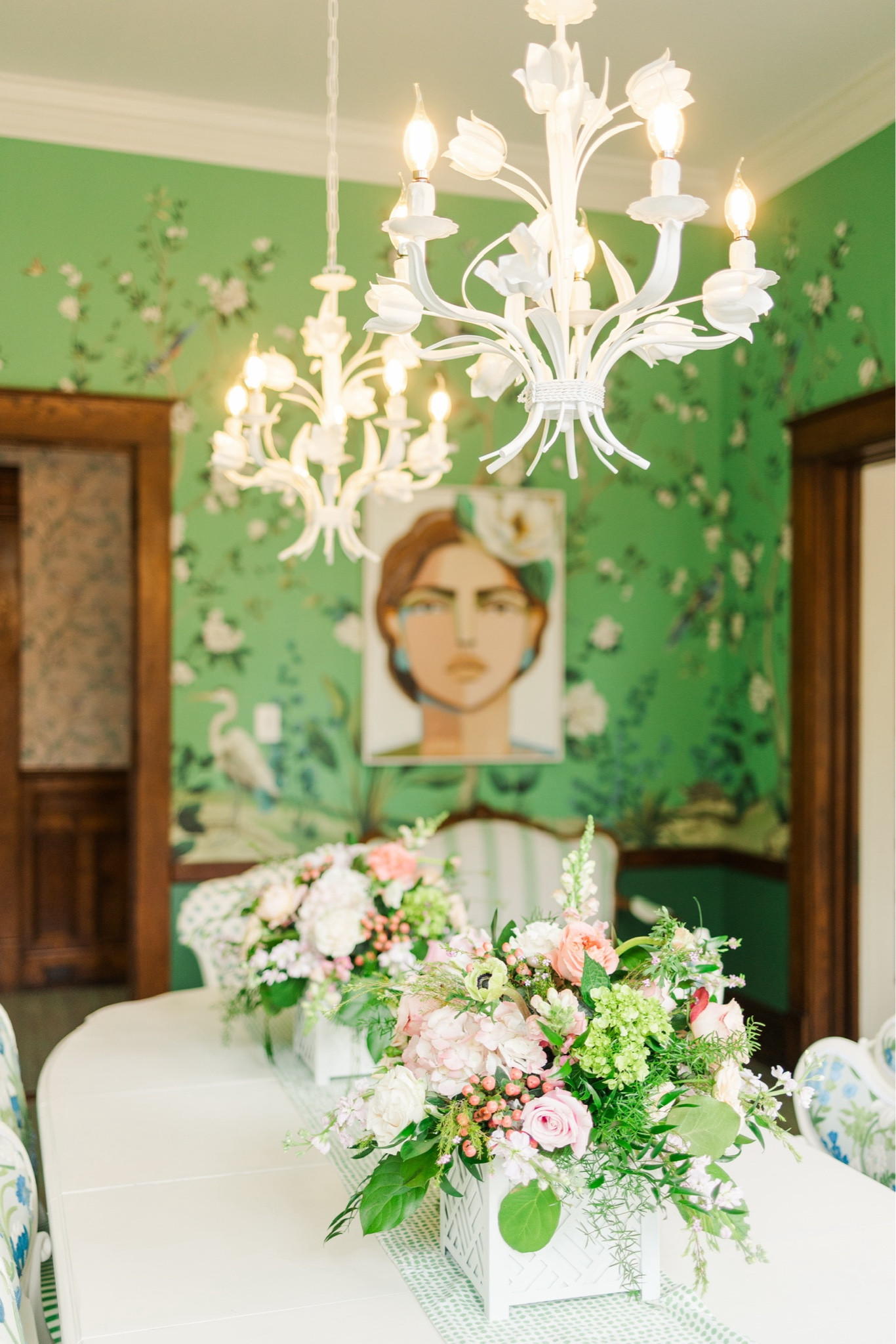 Stunning blue and green dining room. Wallpaper by Daisy Bennett Designs (not on LTK). This happy joyful dining room decor is a showstopper! 

#LTKOver40 #LTKHome #LTKStyleTip