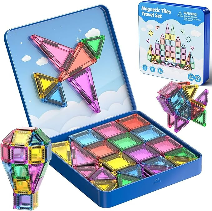 60-Piece Mini Magnetic Tiles Set with Iron Box - Ideal Travel Puzzle Toys for Toddlers Aged 3-5, ... | Amazon (US)