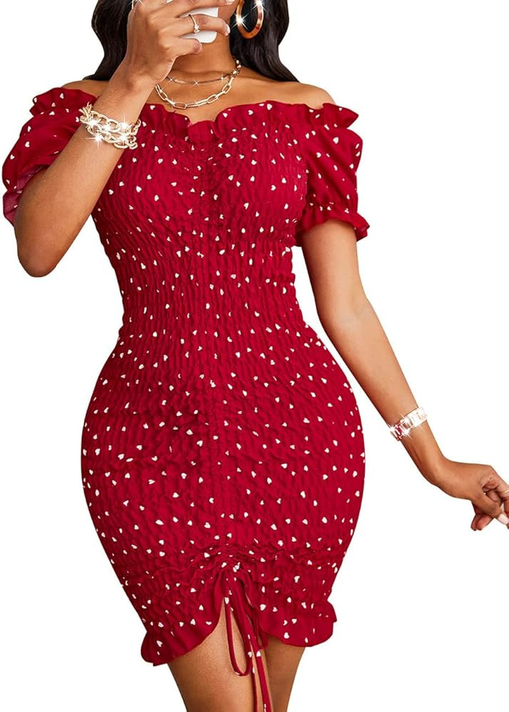 PRETTYGARDEN Women's Summer Off Shoulder Bodycon Dresses Short Sleeve Drawstring Sexy Mini Party Clu | Amazon (US)