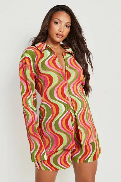 Tall Swirl Print Plisse Shirt | Boohoo.com (UK & IE)