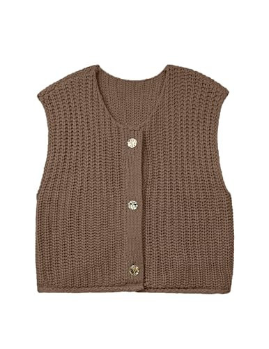 Libsorge Womens Oversized Cute Cap Sleeve Sweater Vest Fall Spring 2025 Trendy Lightweight Ladies Dressy Business Casual Outfits Crochet Chunky Knit Sleeveless Button Cardigan Top Coffee Brown M | Amazon (US)