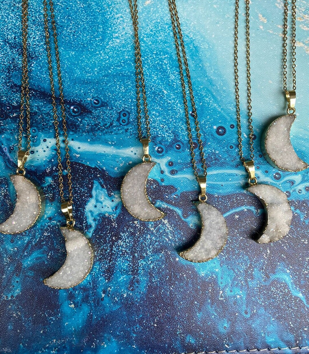 Gold Plated Natural Crystal Quartz Angel Druzy Moon Crescent Pendant Necklace | Etsy (US)