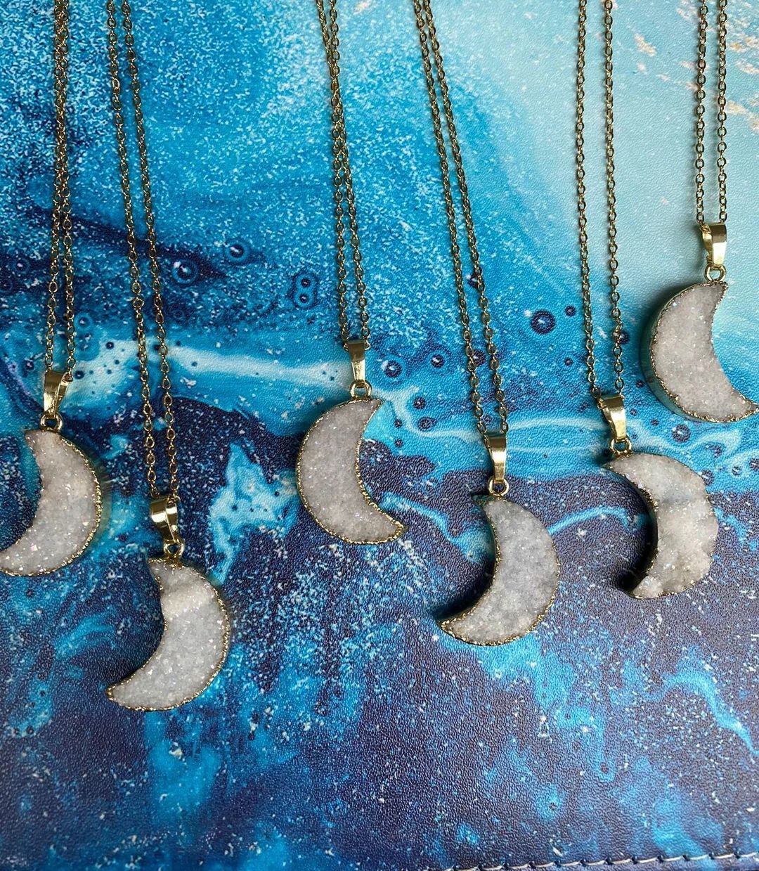 Gold Plated Natural Crystal Quartz Angel Druzy Moon Crescent Pendant Necklace | Etsy (US)