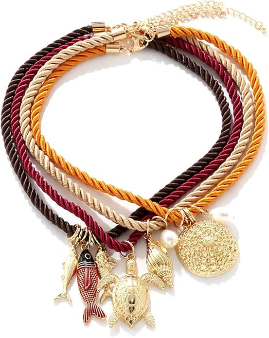 Boho Beach Pendant Necklace Set Summer Colorful Layered Braided Cord Necklace Fashion Charm Multi... | Amazon (US)