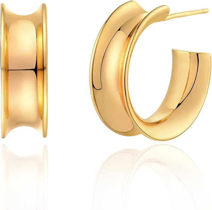 Gold Chunky Hoop Earrings for Women 14K Gold Plated Huggie Hoop Earrings, Gold Polished Chunky Ea... | Amazon (US)