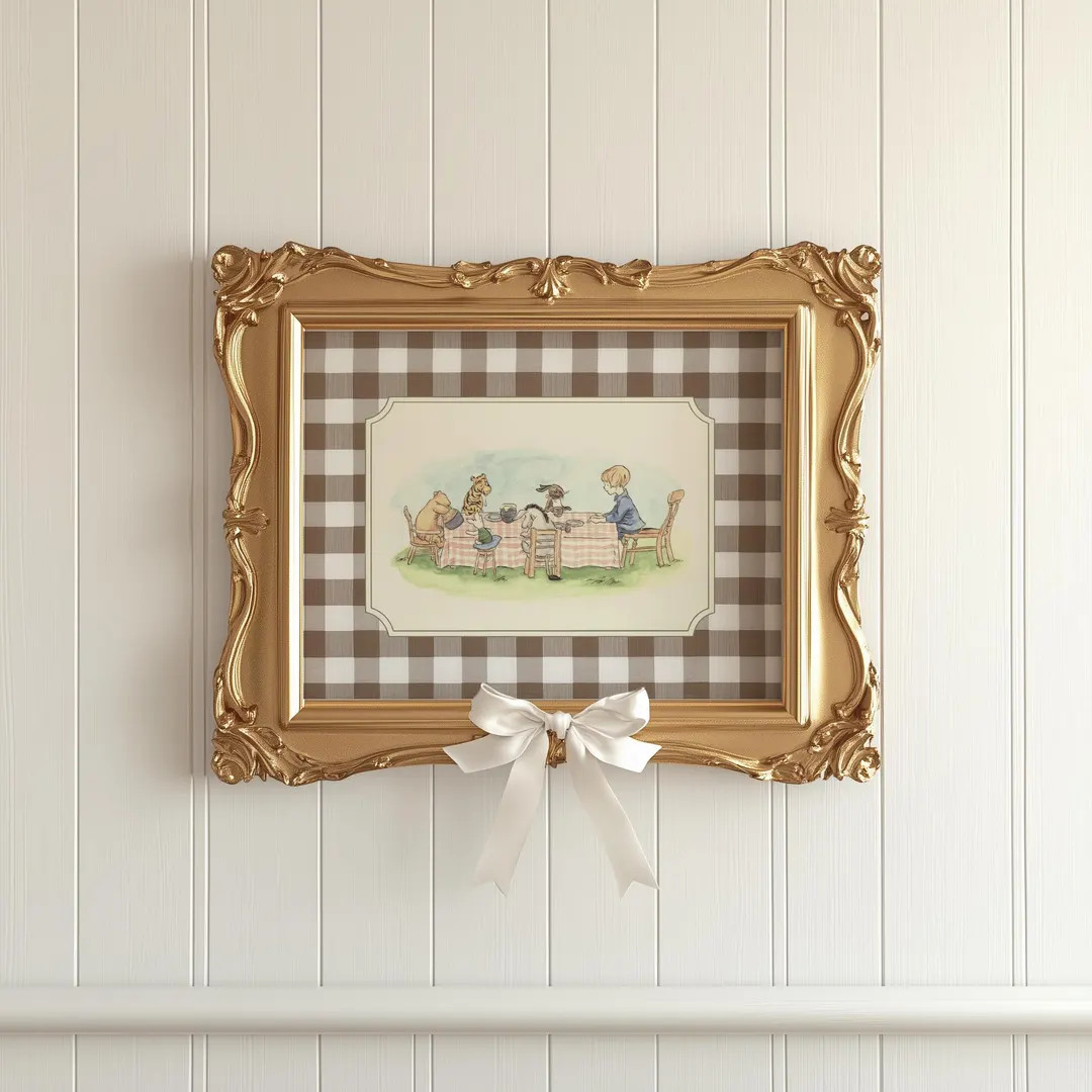Vintage Winnie the Pooh Print, Storybook Nursery Gingham Nursery Wall Art Poster, Pooh and Friend... | Etsy (US)