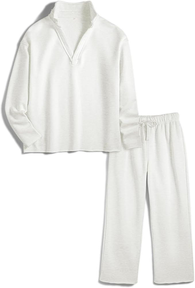 Ainangua Casual 2 Piece Sets for Women V Neck Long Sleeve Tops Wide Leg Pants Workout Outfits Fas... | Amazon (US)