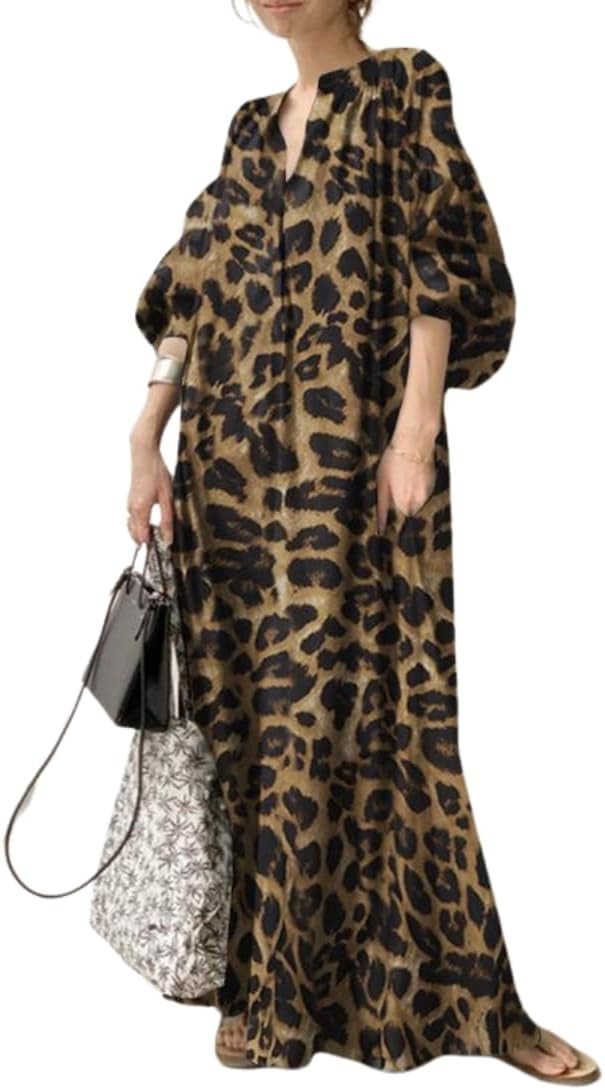 chouyatou Women Summer Casual Lantern Sleeve Floral Shift Dress Leopard Print Loose Maxi Long Shi... | Amazon (US)