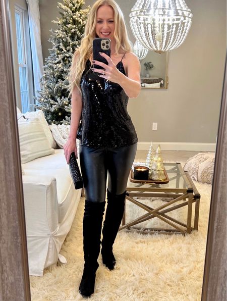 Affordable holiday outfit from Walmart. Black sequin tank, faux leather leggings (ridiculously inexpensive), over the knee boots, and sparkly black clutch. Very comfy and cute  

#LTKSeasonal #LTKunder50 #LTKHoliday