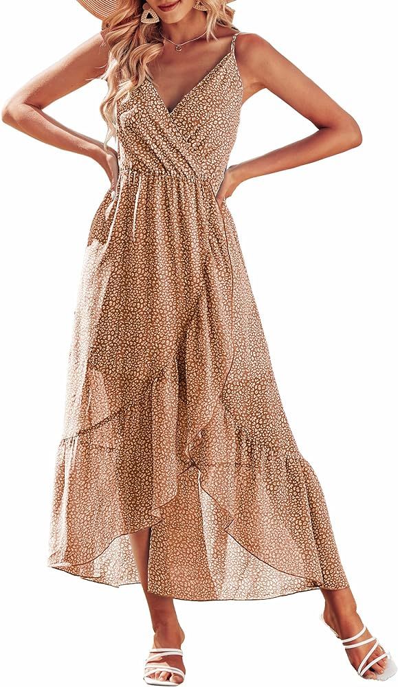KIRUNDO Women's Summer Boho Spaghetti Straps V Neck Leopard Print Maxi Dress Sleeveless Belted Sl... | Amazon (US)