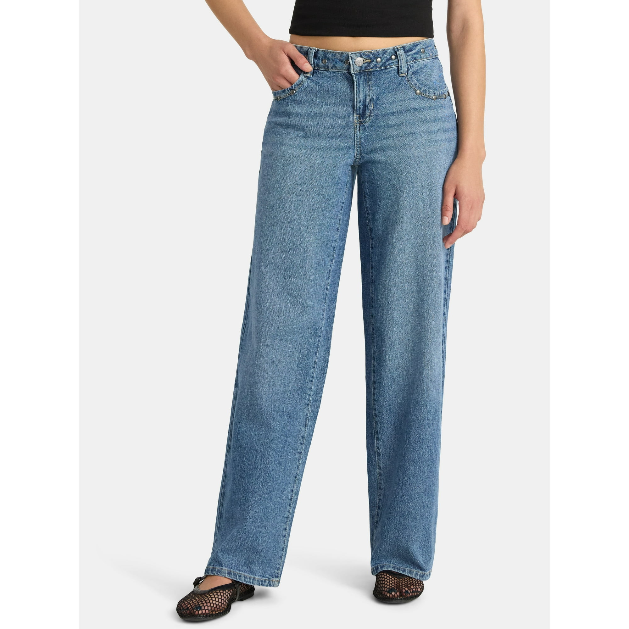 No Boundaries Low Rise Baggy Studded Jeans, 32'' Inseam, Women's | Walmart (US)