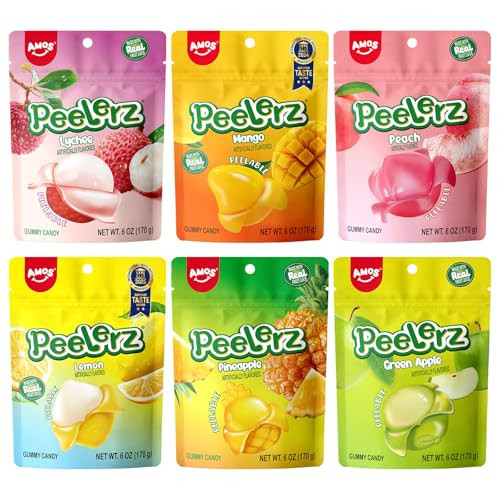 Amos Peelerz Peelable Gummy Candy–Assorted Fruit Flavors(Lychee, Mango, Peach, Lemon, Pineapple, Green Apple)-6 pack, Made with Real Fruit Juice, Soft Chewy Texture, Fun Peel-and-Eat Snacks, 36oz | Amazon (US)