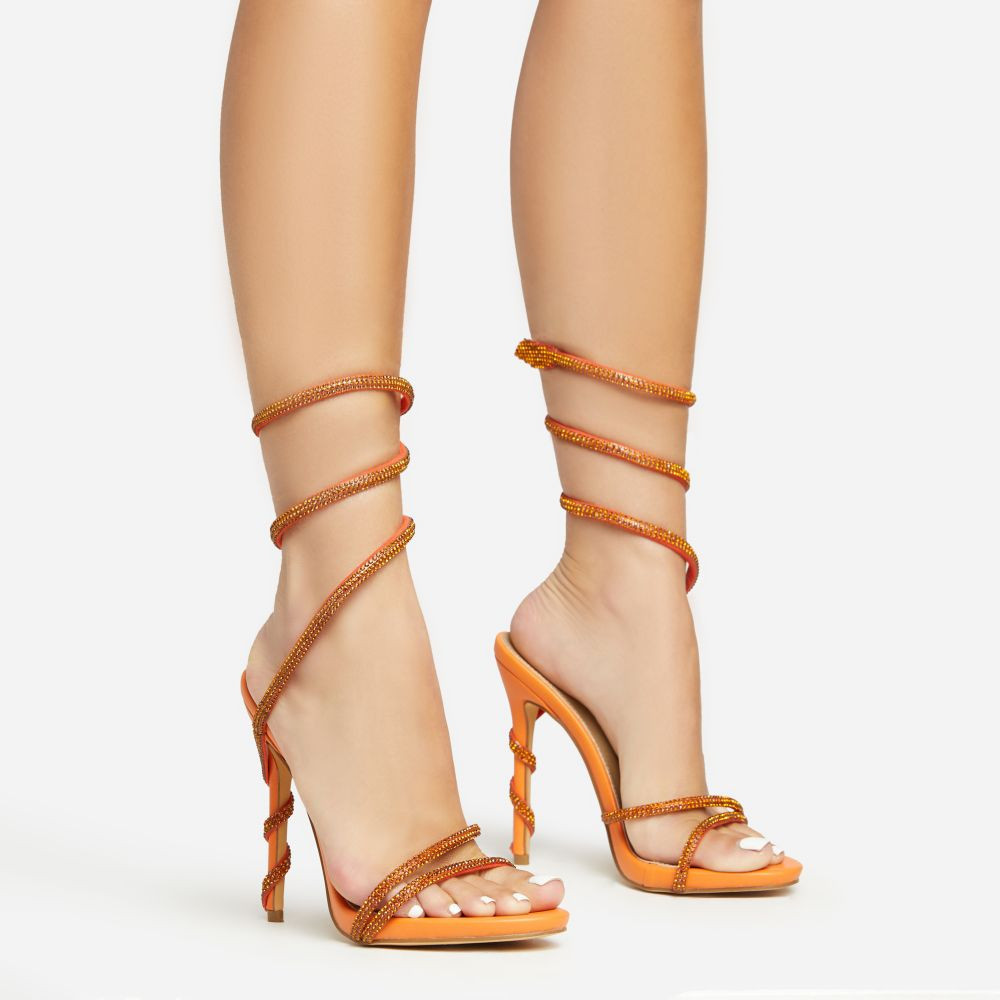 Magda Diamante Detail Wrap Around Strap Platform Stiletto Heel In Orange Faux Leather | EGO Shoes (US & Canada)