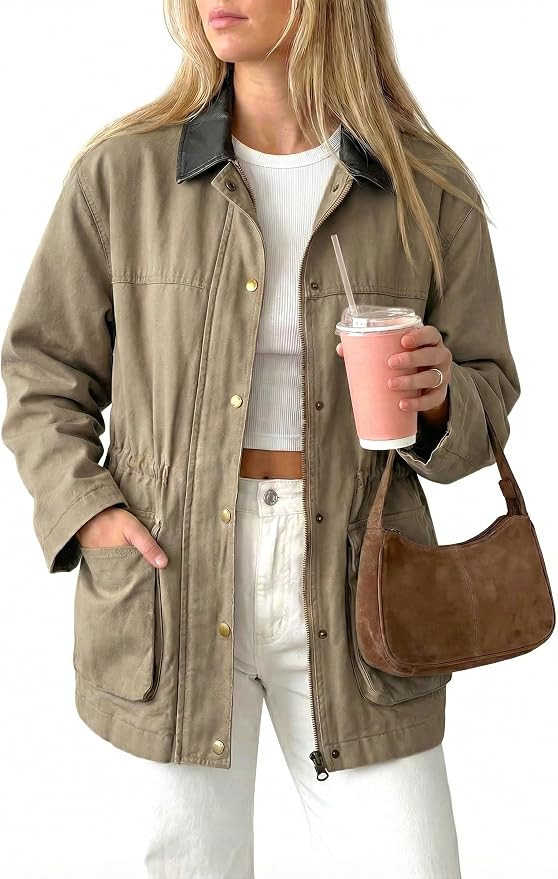 Women's Barn Jacket Contrast Collar Utility Coat | Zip Up, Canvas Chore Outerwear, Large Pockets,... | Amazon (US)