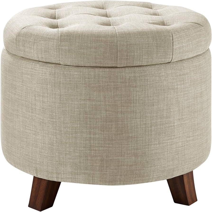 Amazon Basics Upholstered Tufted Storage Round Ottoman Footstool, Burlap Beige, ‎20"W x 20"D x ... | Amazon (US)