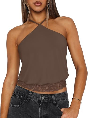 REORIA Womens Sexy Halter Lace Double Lined Tank Tops Trendy Cute Summer Y2K Backless Going Out 2... | Amazon (US)
