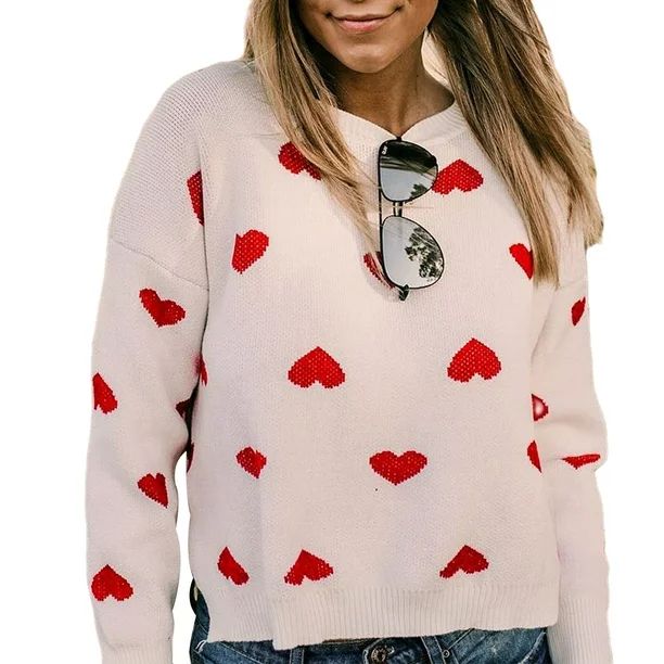 Multitrust Stylish Long Sleeve Heart Print Sweater Fashion Loose Knit Tops for Women | Walmart (US)