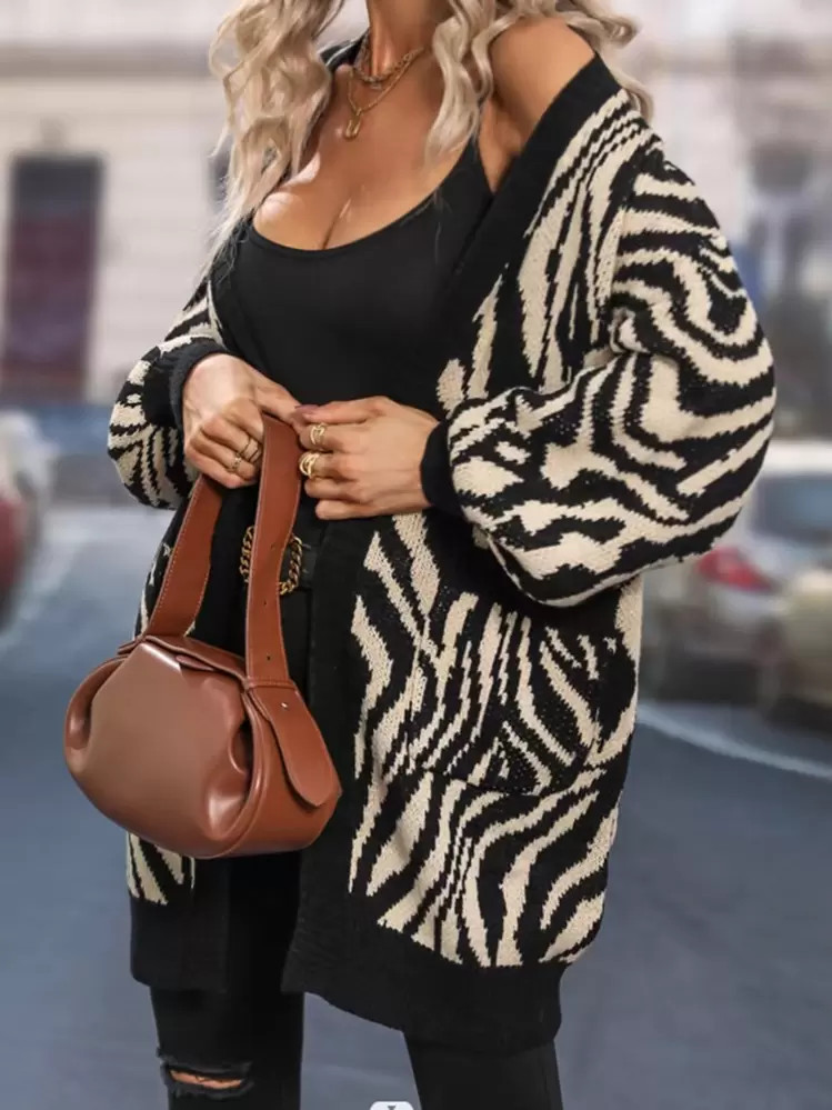SHEIN LUNE Zebra Striped Pattern Drop Shoulder Cardigan,Long Sleeve Tops Fall Winter Cloth For Women | SHEIN