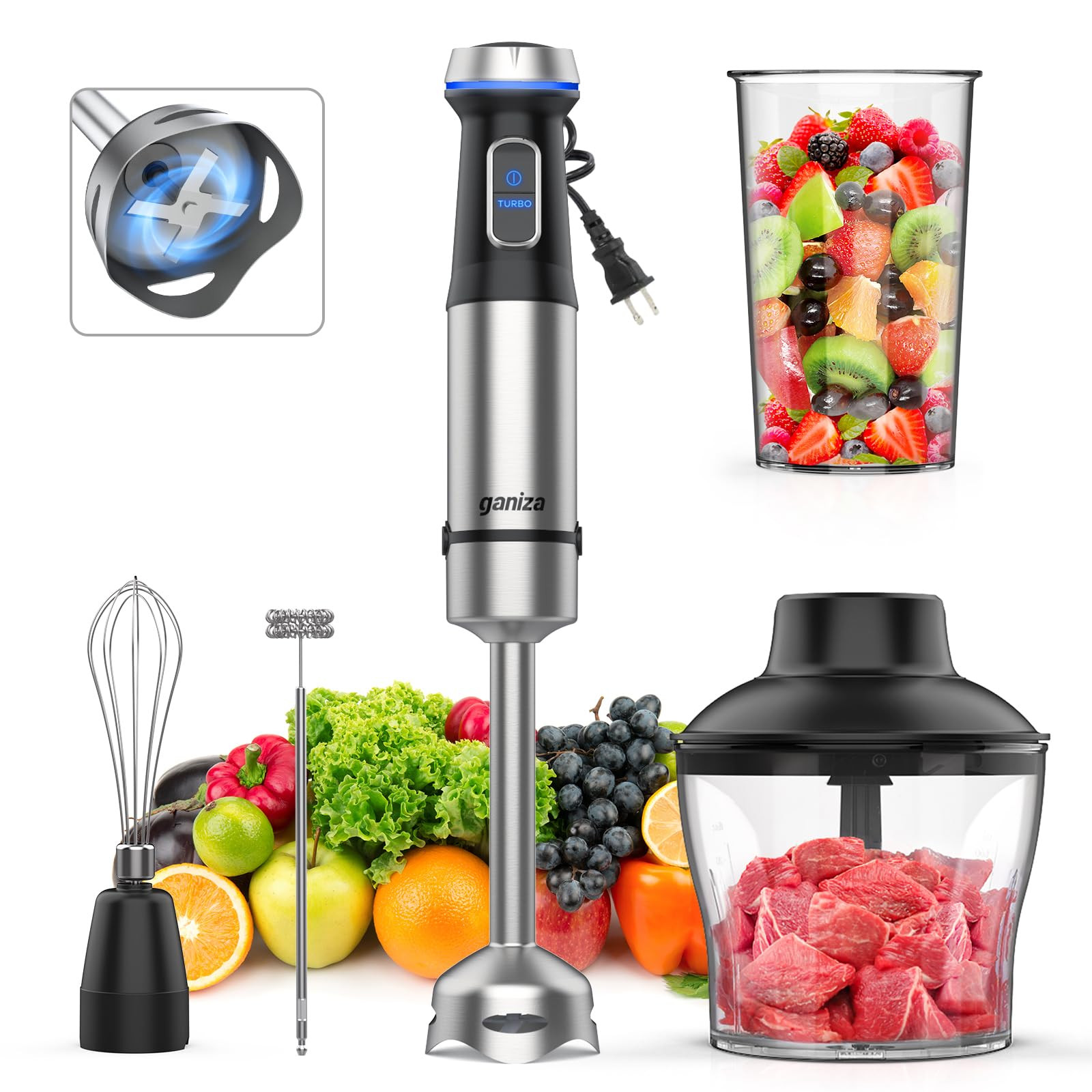 Ganiza Immersion Blender 5 in 1 Hand Blender Max 1000W Heavy Duty Motor, 16 Speed Mode Handheld B... | Amazon (US)