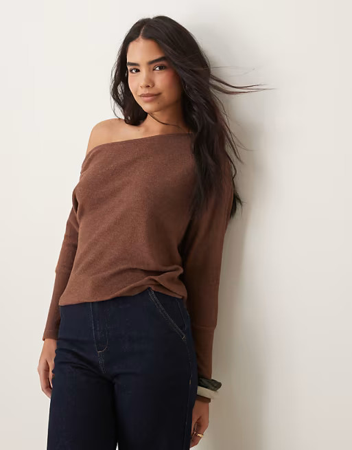 ASOS DESIGN off shoulder slouchy supersoft top in brown | ASOS (Global)