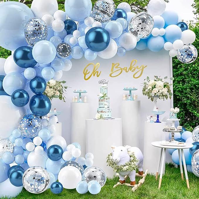 Blue Balloons Garland Arch Kit, 136 PCS Baby Blue Metallic Blue White and Silver Confetti Latex B... | Amazon (US)