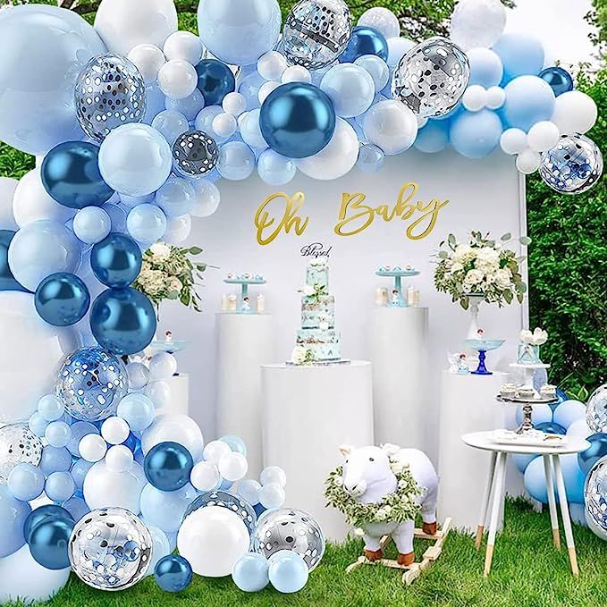 Blue Balloons Garland Arch Kit, 136 PCS Baby Blue Metallic Blue White and Silver Confetti Latex B... | Amazon (US)
