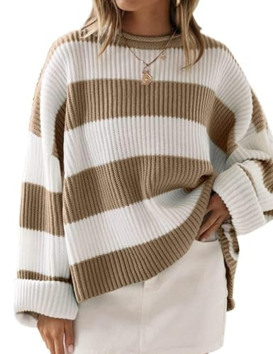 ZESICA Women's 2026 Fall Long Sleeve Oversized Striped Color Block Comfy Loose Crew Neck Knitted Pullover Sweater,Light Khaki,Small | Amazon (US)