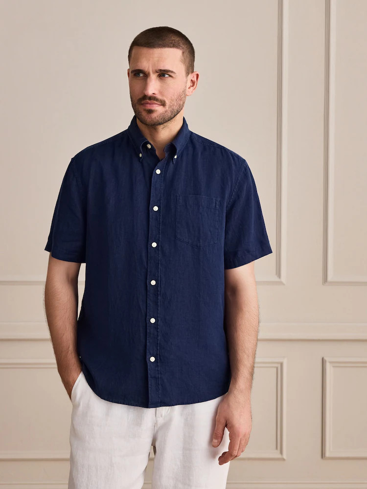 Navy Short Sleeve Signature 100% Linen Shirt | Next US